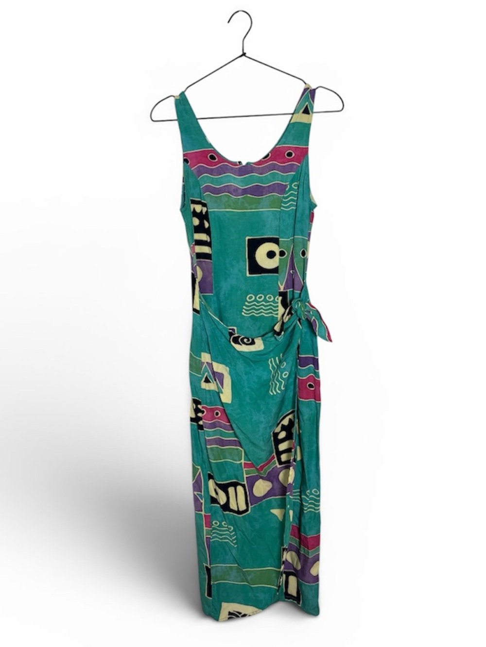 Vintage Hand Painted Tropical Tantrum Batik Rayon Maxi Wrap Dress Teal XS